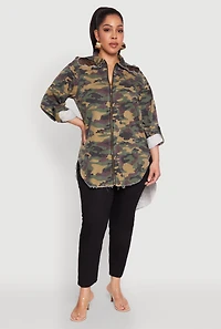 Plus Denim High Low Camo Top