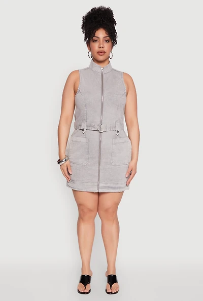 Womens Plus Size Mineral Wash Zip Front Cargo Dress, Grey, Size 3X