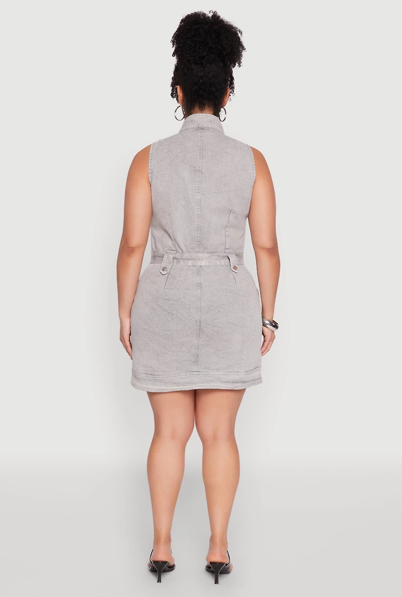 Womens Plus Size Mineral Wash Zip Front Cargo Dress, Grey, Size 3X
