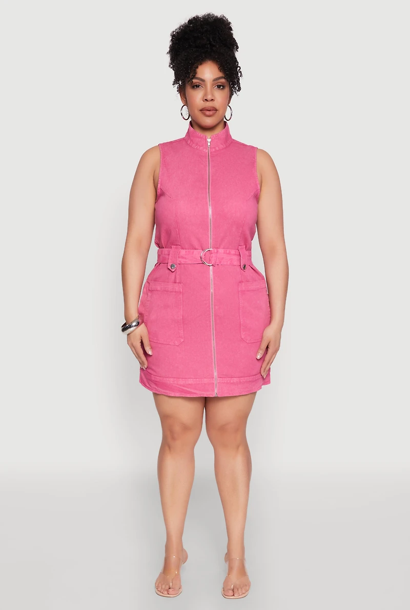 Plus Mineral Wash Zip Front Cargo Dress