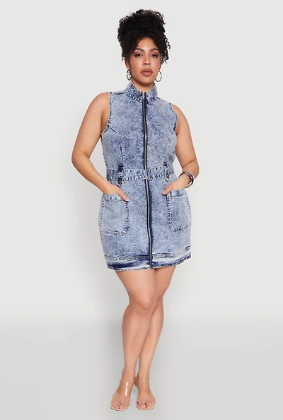 Womens Plus Size Mineral Wash Zip Front Cargo Dress, Blue, Size 3X