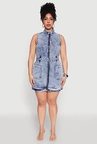 Womens Plus Size Mineral Wash Zip Front Cargo Dress, Blue, Size 2X
