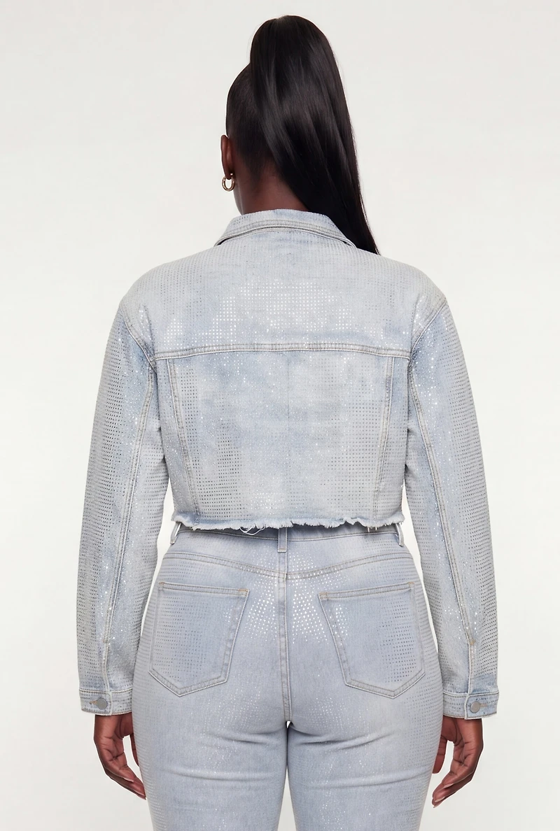 Plus Rhinestone Cropped Denim Jacket