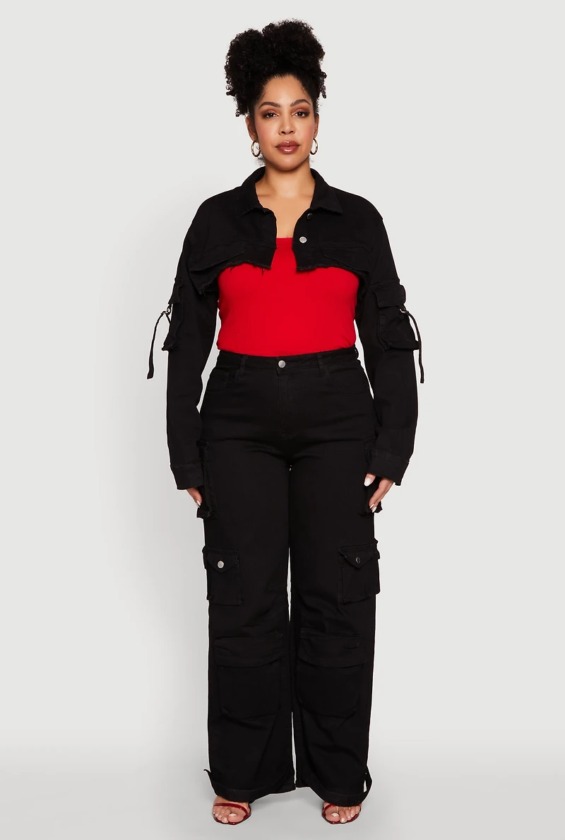 Plus Daisy Cargo Pocket Sleeve Cropped Jean Jacket