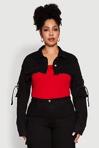 Womens Plus Daisy Cargo Pocket Sleeve Cropped Jean Jacket,