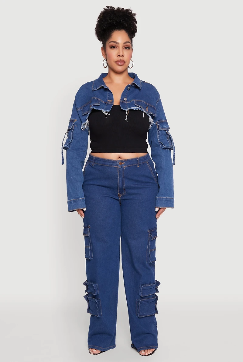 Plus Daisy Cargo Pocket Sleeve Cropped Jean Jacket