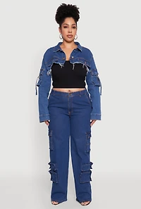 Plus Daisy Cargo Pocket Sleeve Cropped Jean Jacket