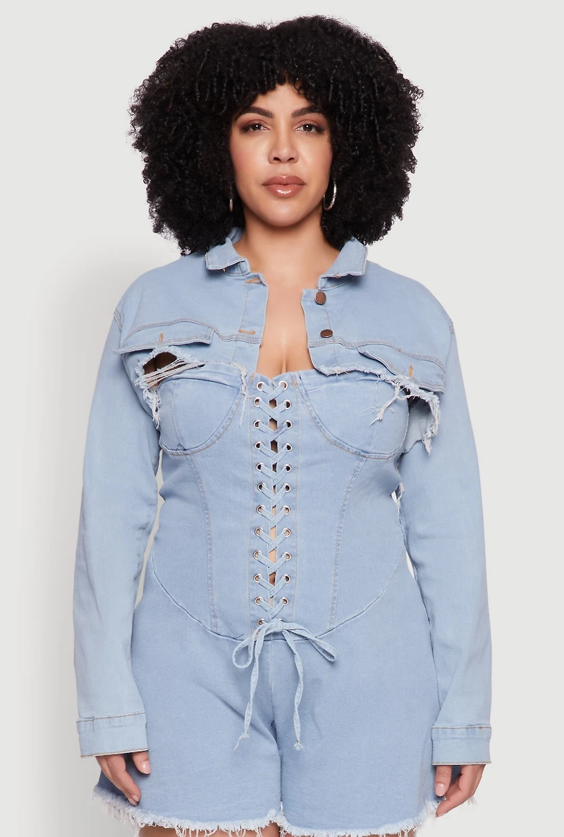 Womens Plus Daisy Distressed Bolero Jean Jacket, Blue,