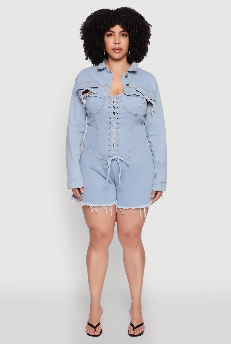Womens Plus Daisy Distressed Bolero Jean Jacket, Blue,