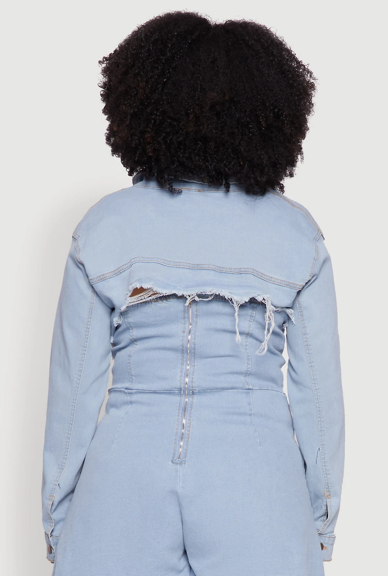 Womens Plus Daisy Distressed Bolero Jean Jacket, Blue,