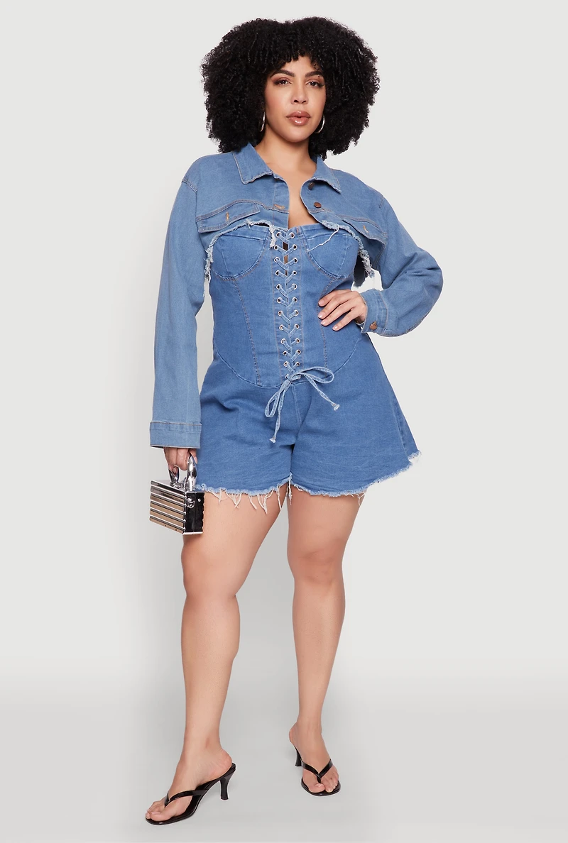 Womens Plus Size Daisy Distressed Bolero Jean Jacket, Blue, Size 2X