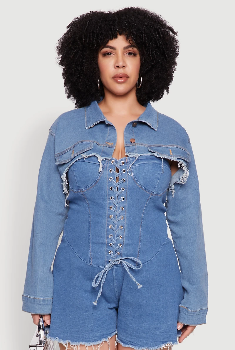 Womens Plus Size Daisy Distressed Bolero Jean Jacket, Blue, Size 2X