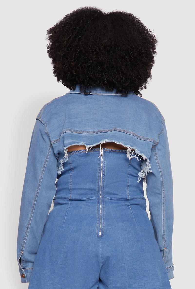 Womens Plus Size Daisy Distressed Bolero Jean Jacket, Blue, Size 2X