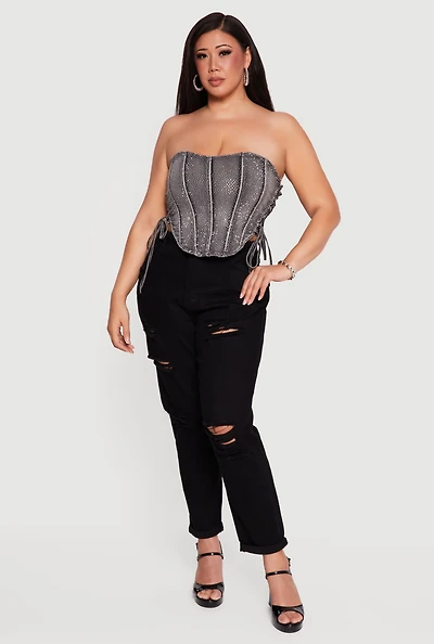 Plus Rhinestone Denim Side Lace Up Corset Top
