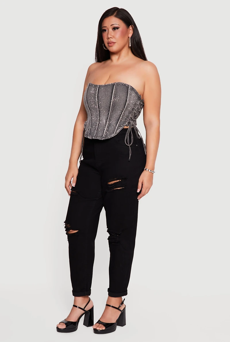 Plus Rhinestone Denim Side Lace Up Corset Top