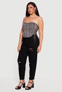 Plus Rhinestone Denim Side Lace Up Corset Top