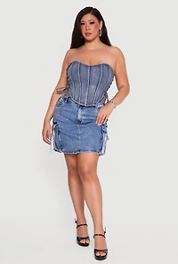 Plus Rhinestone Denim Side Lace Up Corset Top