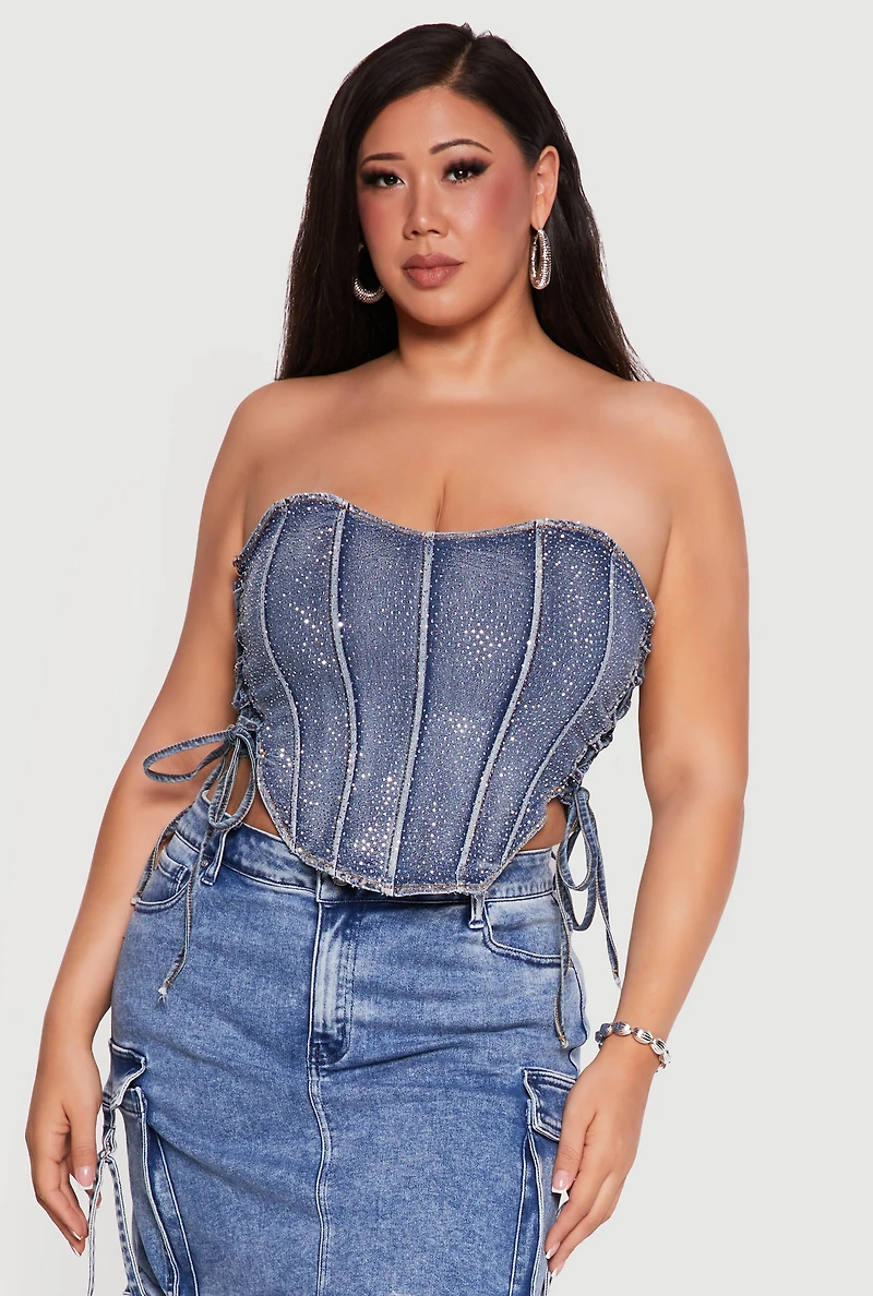 Plus Rhinestone Denim Side Lace Up Corset Top