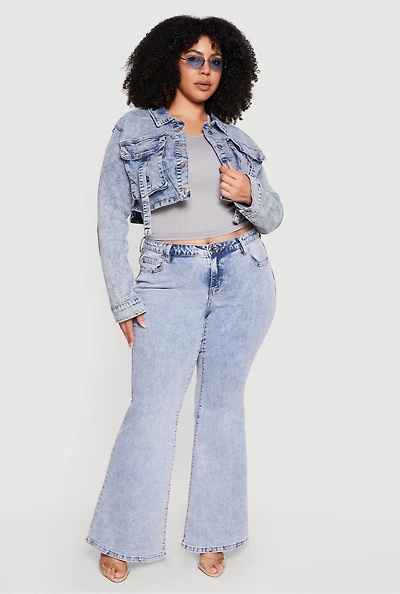 Plus Acid Wash Cropped Button Front Denim Jacket