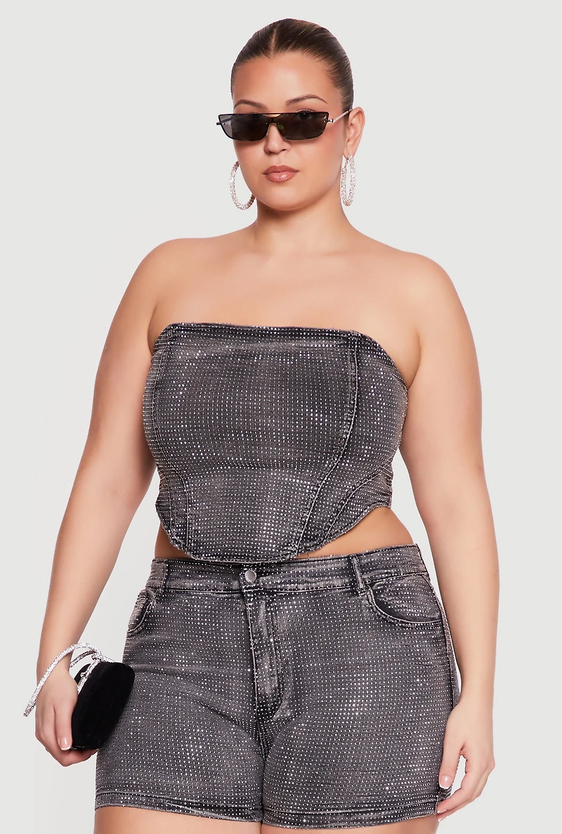 Plus Rhinestone Detail Lace Up Corset Top