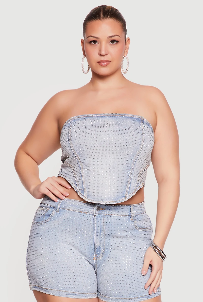 Plus Rhinestone Detail Lace Up Corset Top
