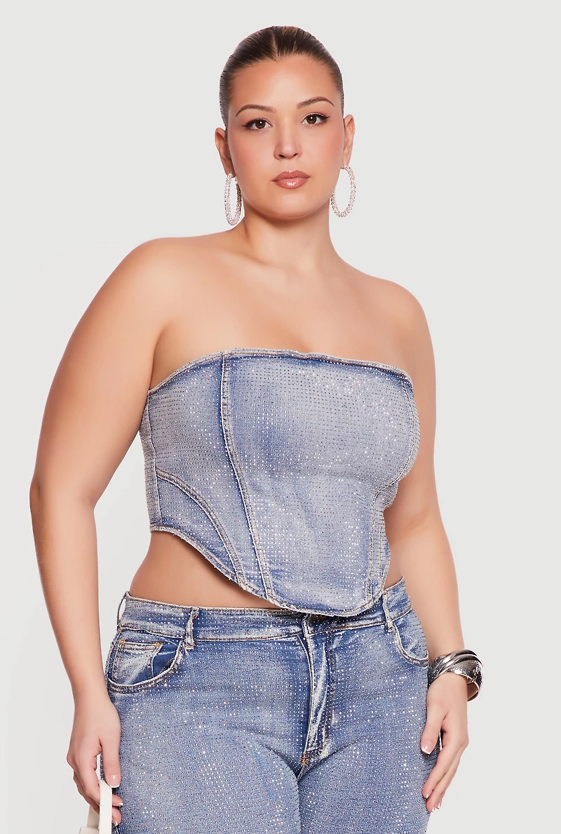 Plus Rhinestone Detail Lace Up Corset Top