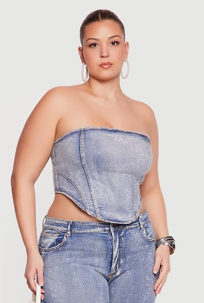 Plus Rhinestone Detail Lace Up Corset Top