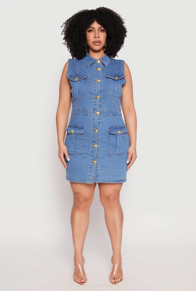 Plus Daisy Sleeveless Denim Utility Mini Dress