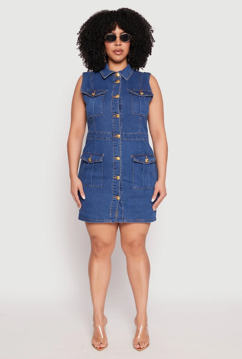 Plus Daisy Sleeveless Denim Utility Mini Dress