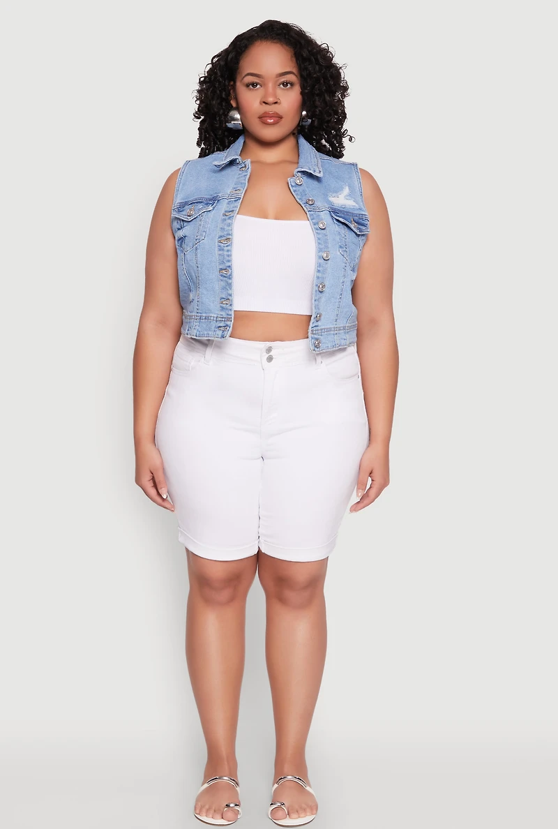 Womens Plus Size WAX Distressed Denim Vest, Blue, Size 2X