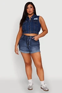 Womens Plus WAX Distressed Denim Vest, Blue,