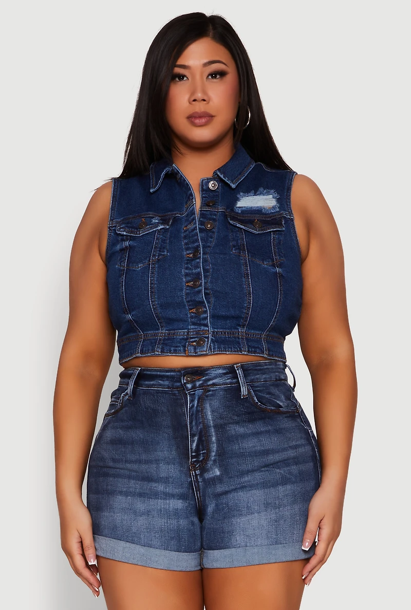 Womens Plus WAX Distressed Denim Vest, Blue,
