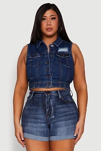 Womens Plus WAX Distressed Denim Vest, Blue,