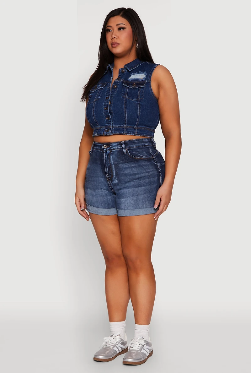 Womens Plus Size WAX Distressed Denim Vest, Blue, Size 1X