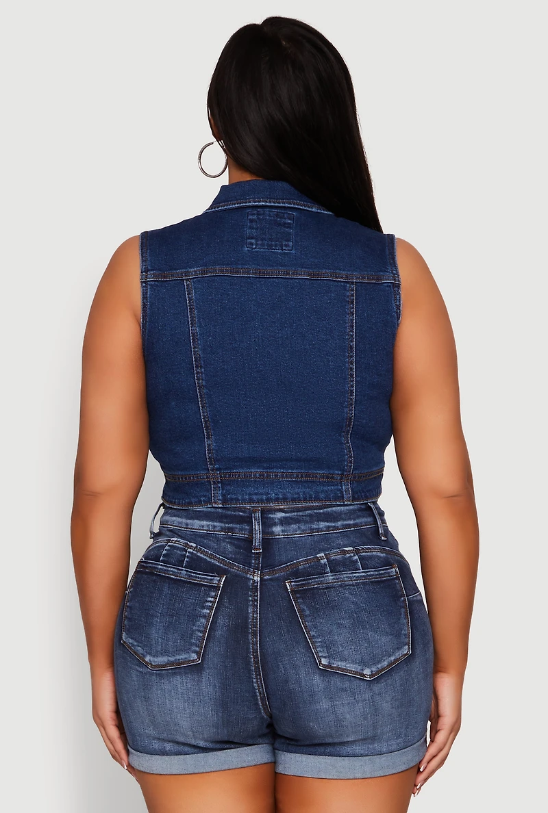 Womens Plus Size WAX Distressed Denim Vest, Blue, Size 1X