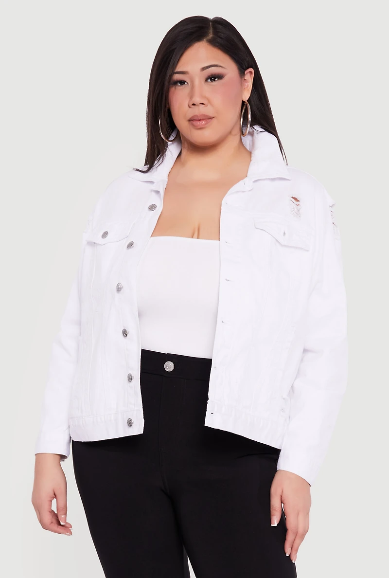 Plus Distressed Button Front Jean Jacket