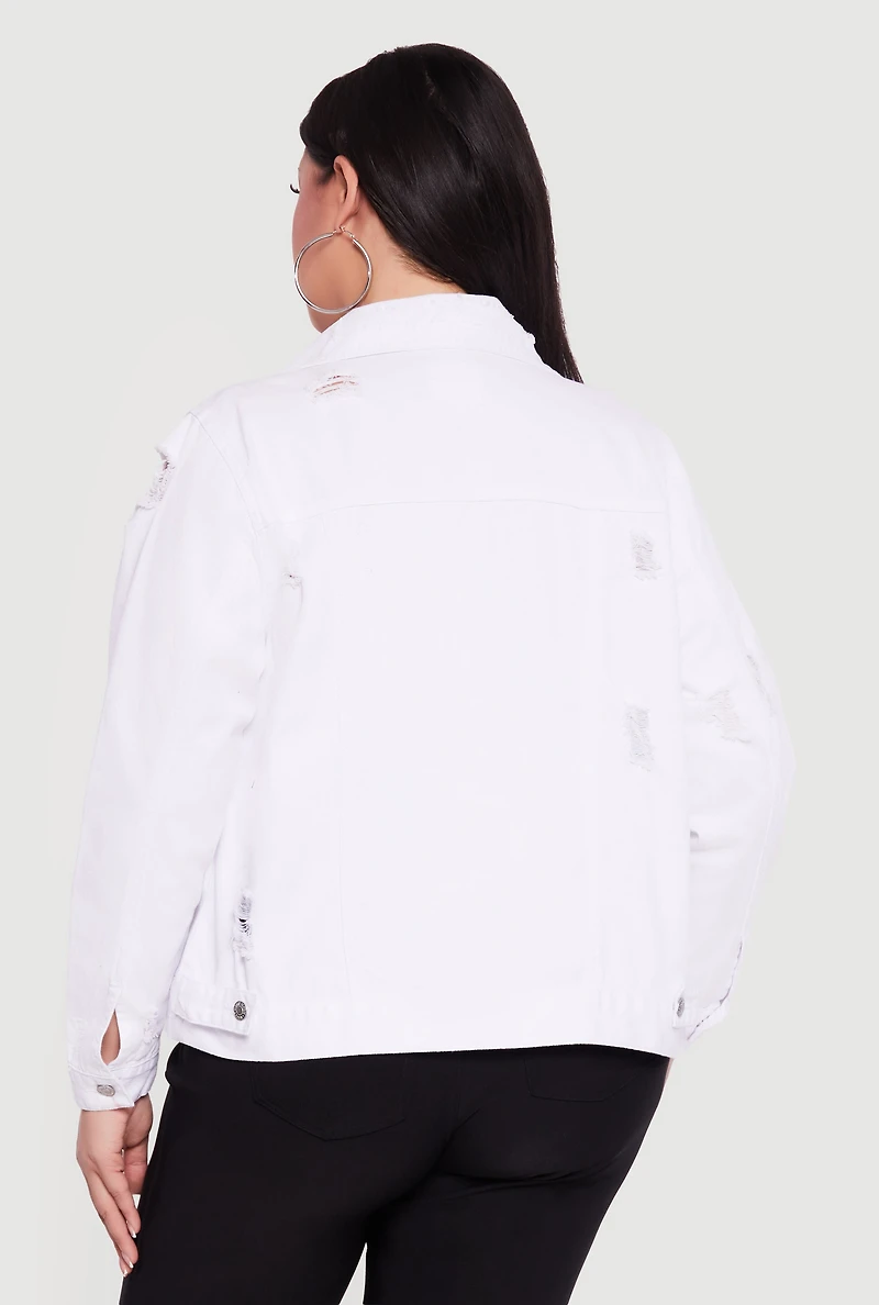 Plus Distressed Button Front Jean Jacket