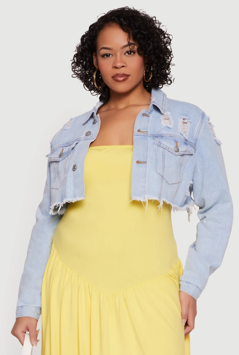 Plus Almost Famous Cropped Frayed Hem Denim Jacket