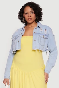 Plus Almost Famous Cropped Frayed Hem Denim Jacket