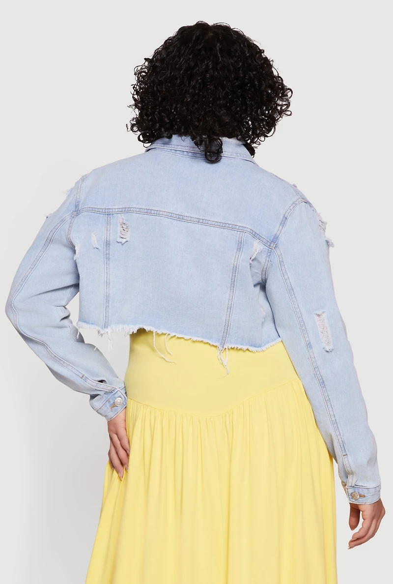 Plus Almost Famous Cropped Frayed Hem Denim Jacket