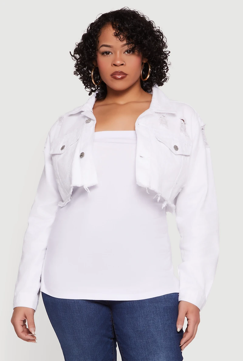 Plus Almost Famous Cropped Frayed Hem Denim Jacket