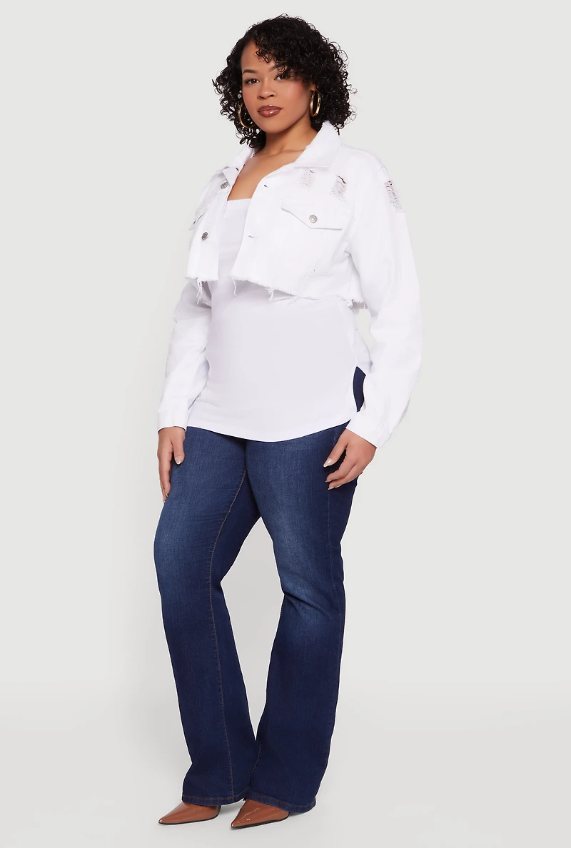 Plus Almost Famous Cropped Frayed Hem Denim Jacket