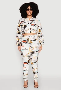 Plus Graphic Print Ruched Sleeve Cropped Jacket