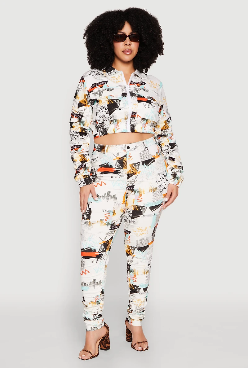 Plus Graphic Print Ruched Sleeve Cropped Jacket