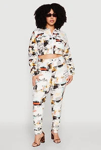 Plus Graphic Print Ruched Sleeve Cropped Jacket