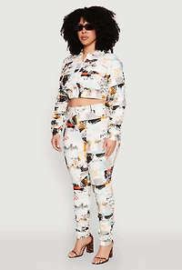 Plus Graphic Print Ruched Sleeve Cropped Jacket