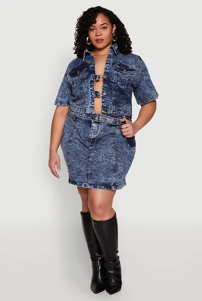 Womens Plus Spoon Jeans Mineral Wash Pintuck Skirt,