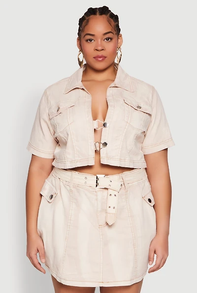 Womens Plus Size Spoon Jeans Acid Wash Cropped Jacket, Beige, Size 1X