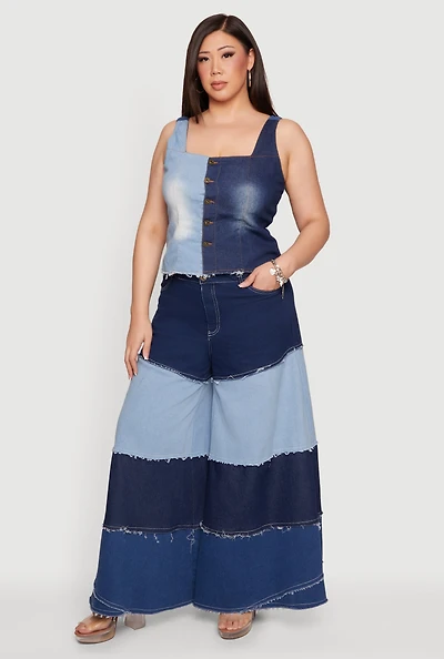 Plus Frayed Trim Color Blocked Wide Leg Jeans