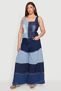 Plus Frayed Trim Color Blocked Wide Leg Jeans